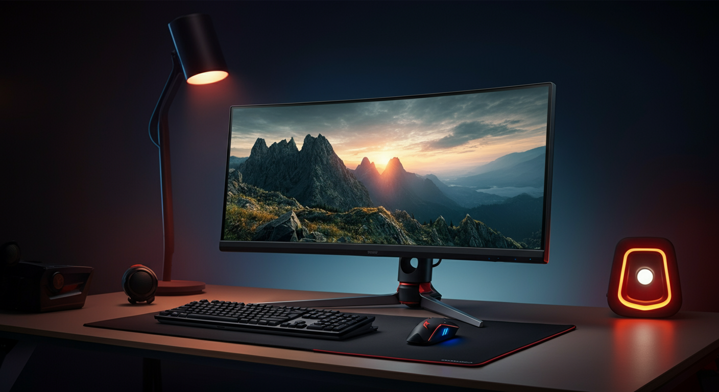 Monitor gaming ultrawide su scrivania moderna con illuminazione LED